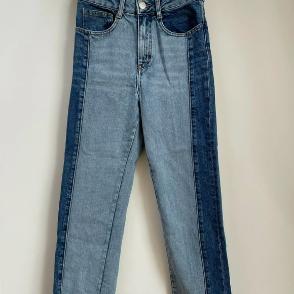 MAJE Packy Straight Cut Two Tone Faded Blue Jeans Gold Zipper FR 34 US 0 - Picture 4 of 12